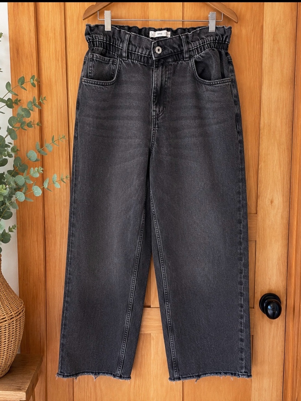 MNG Mango Paperbag Waist Black Jeans High Rise Relaxed WideLeg